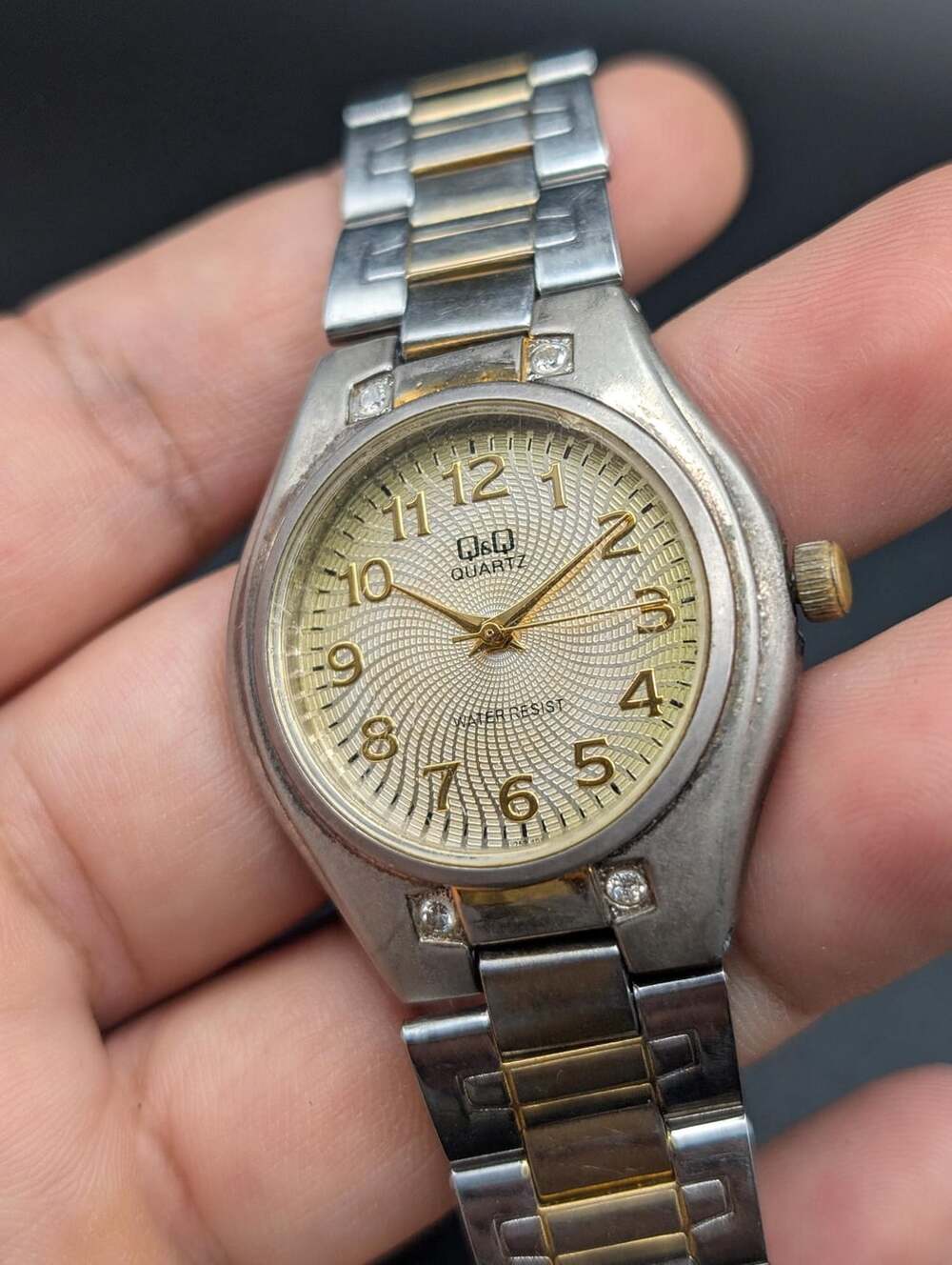 Vintage QQ Two Tone Quartz Ladies Watch, Gold Dial Rhinestone Accent Bracelet